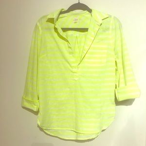 J Crew Pop-over collared Neon Yellow/white stripe
